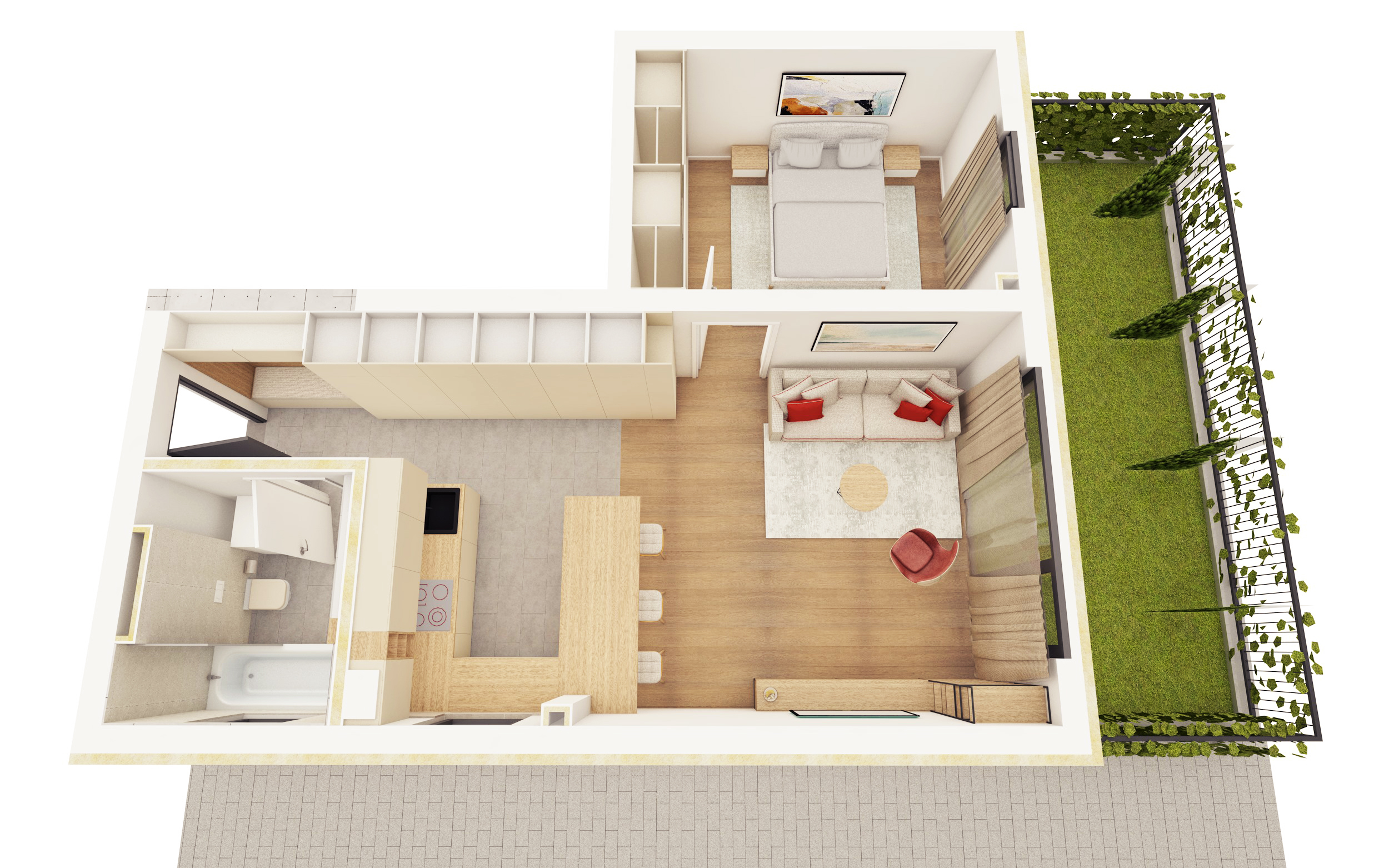 A01 - Apartament cu Două Camere cu Grădină și Living Open Space