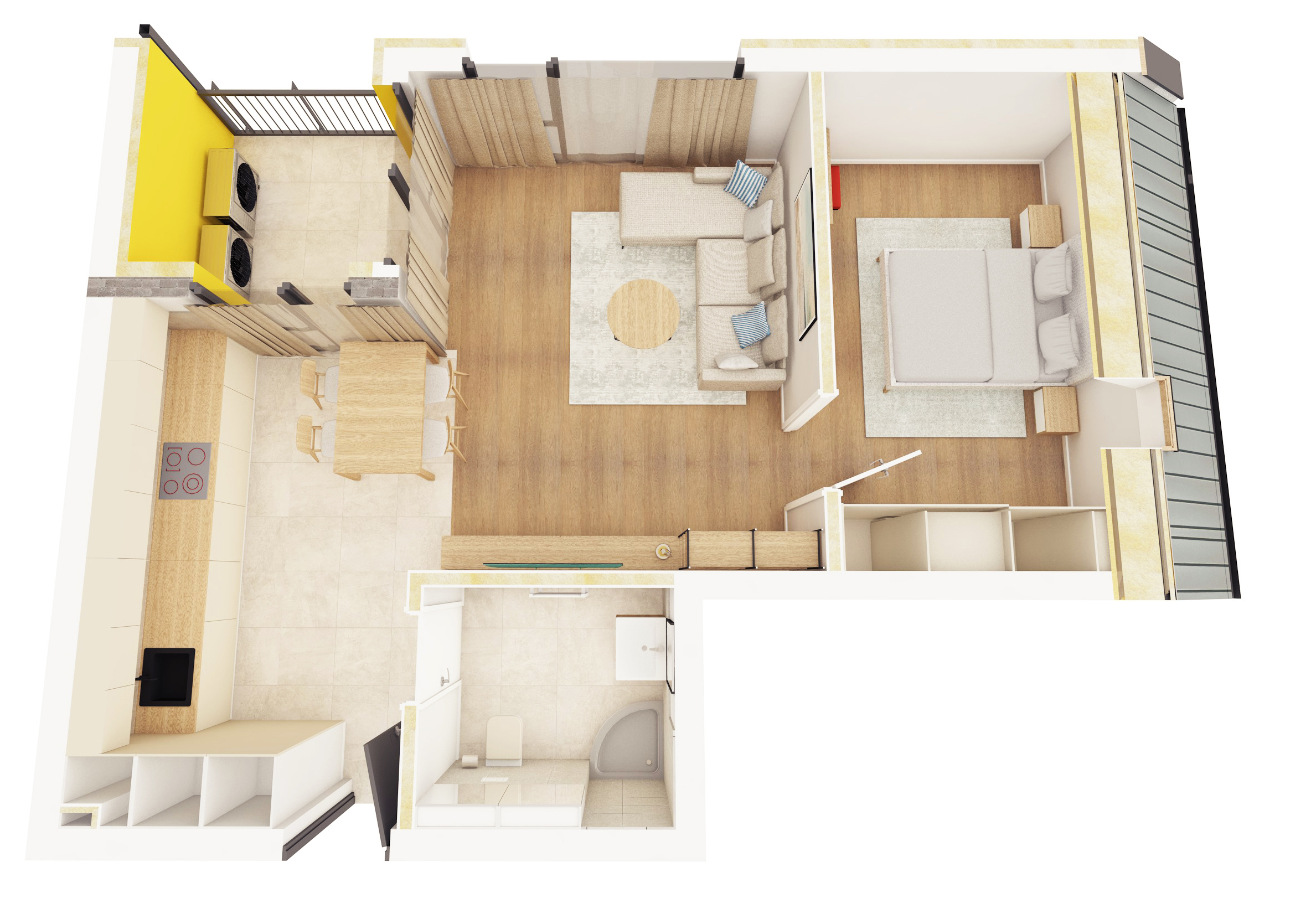 A14 - Apartament cu Două Camere cu Living și Bucătărie Open Space