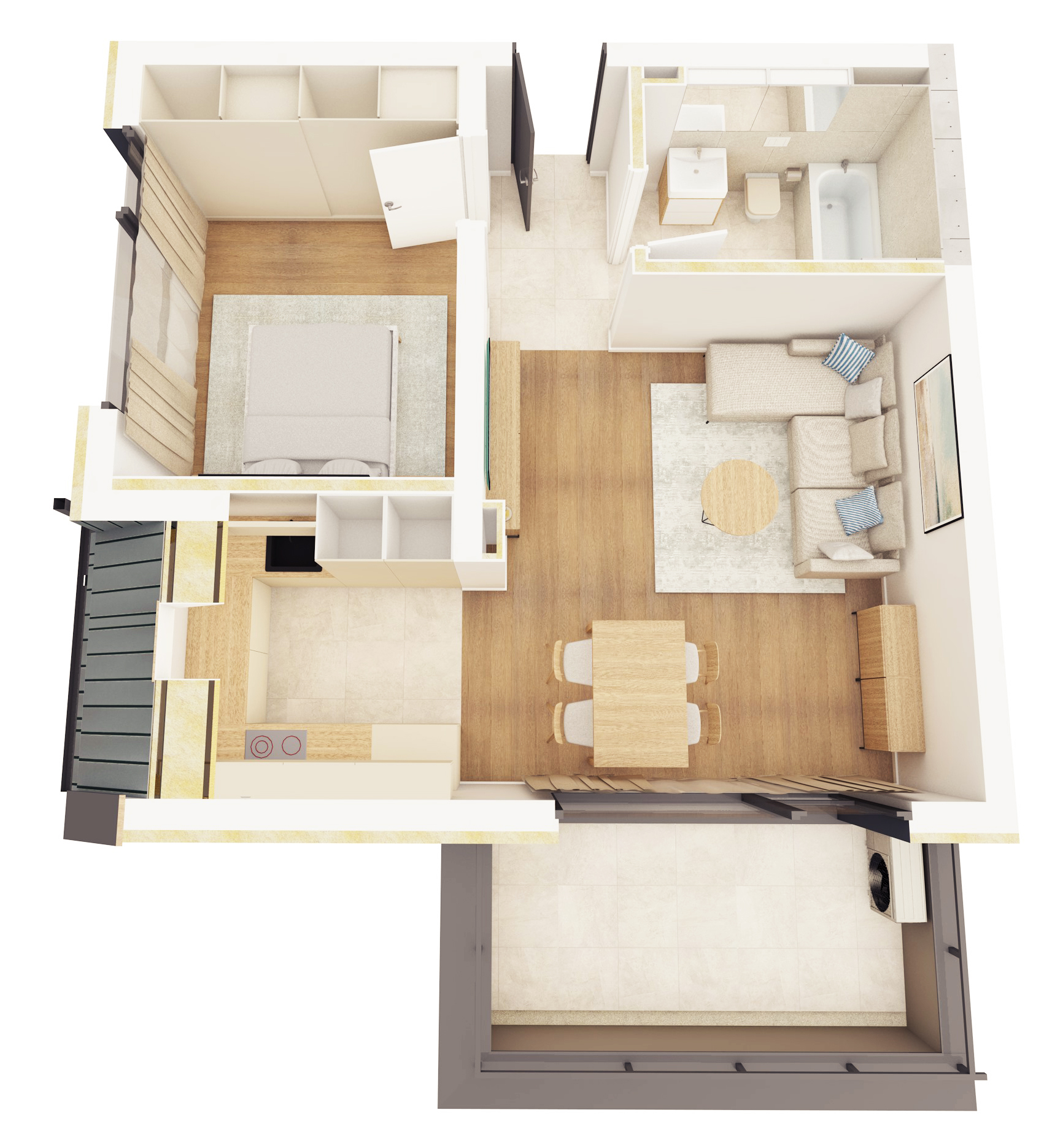 apartament cu doua camere cu balcon mare si living open space