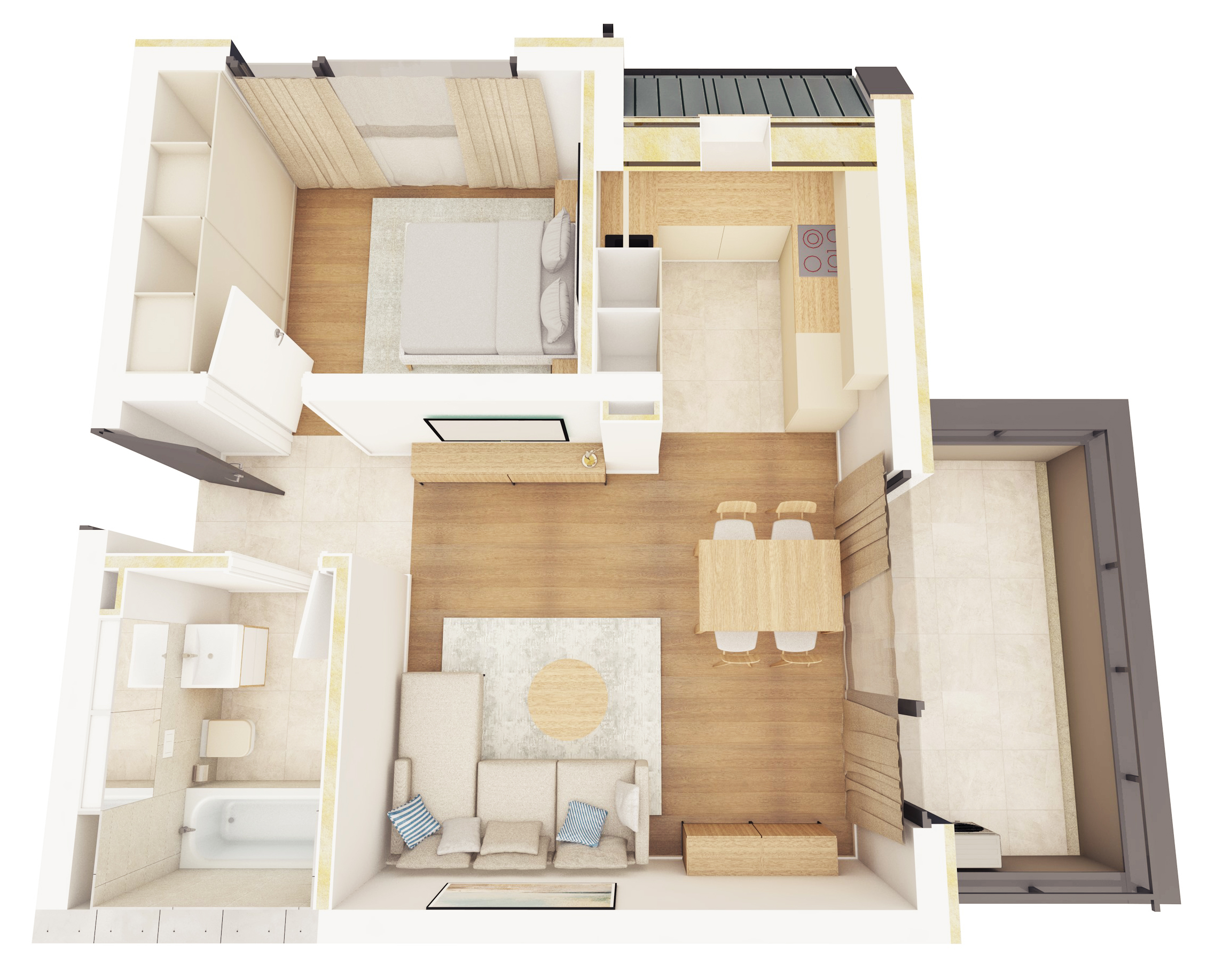 apartament cu doua camere cu balcon lateral si living open space