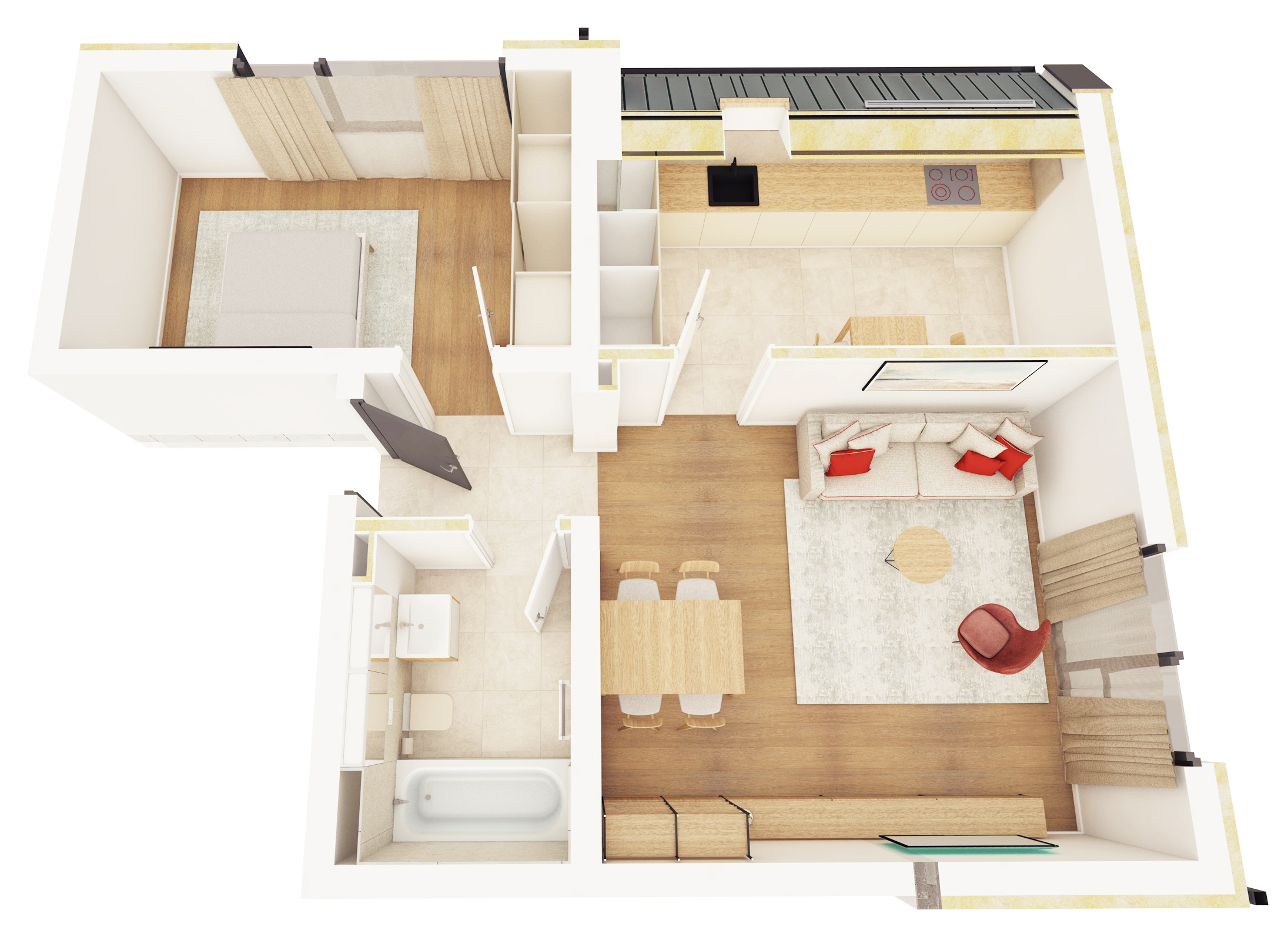 apartament cu doua camere cu bucatarie separata si living spatios