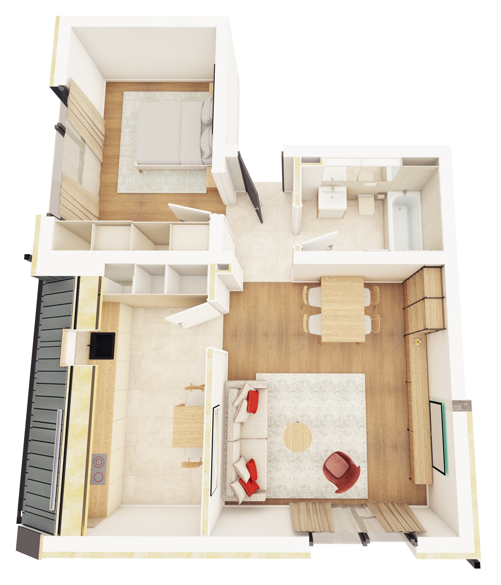 apartament cu doua camere cu bucatarie separata fara balcon