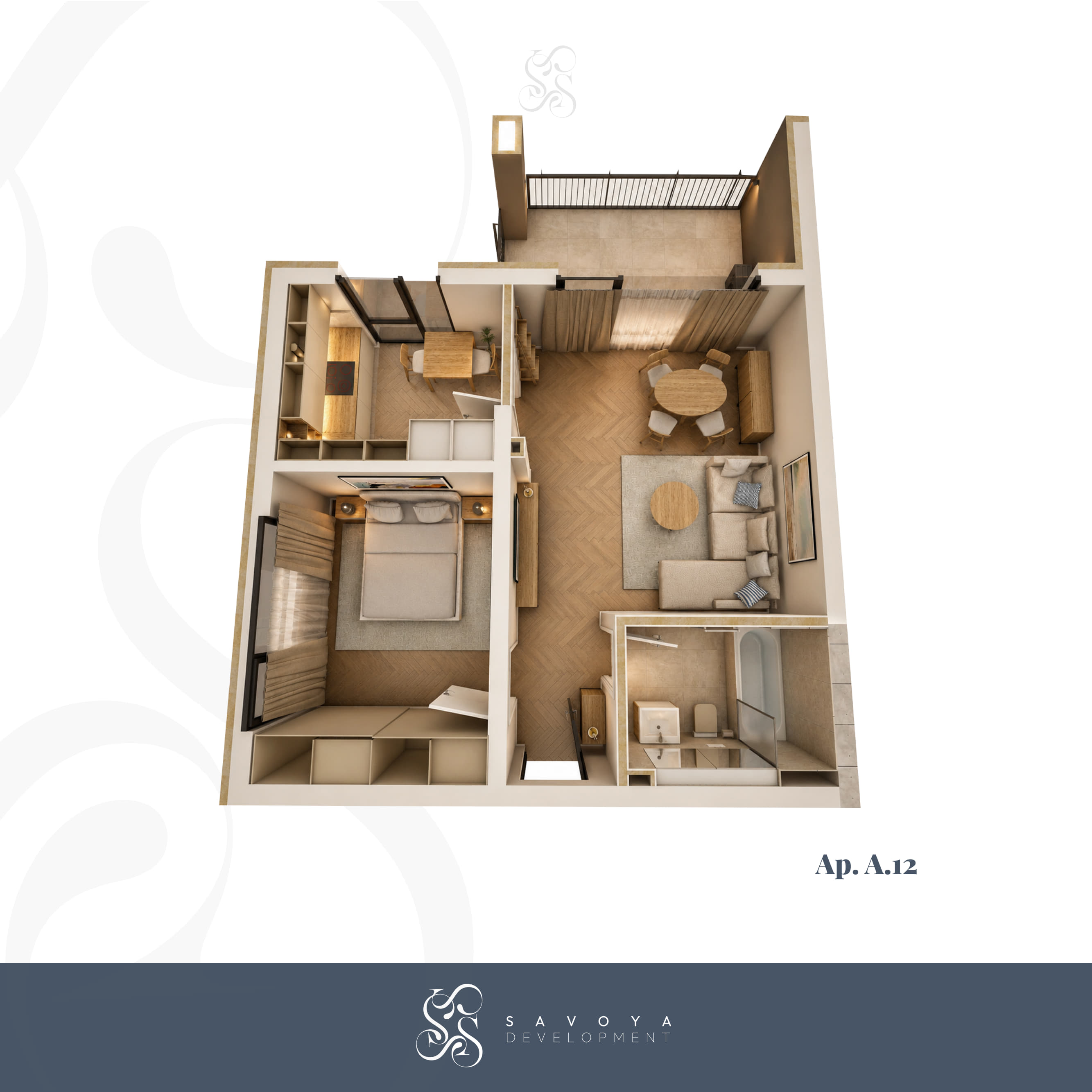 A12 - Apartament cu Două Camere cu Bucătărie Închisă și Balcon Mare
