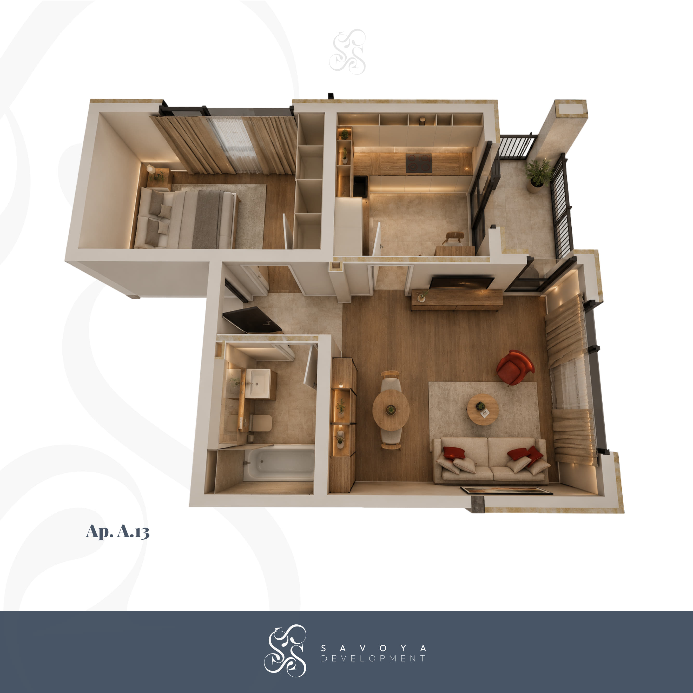 A13 - Apartament cu Două Camere cu Bucătărie Separată și Balcon Generos