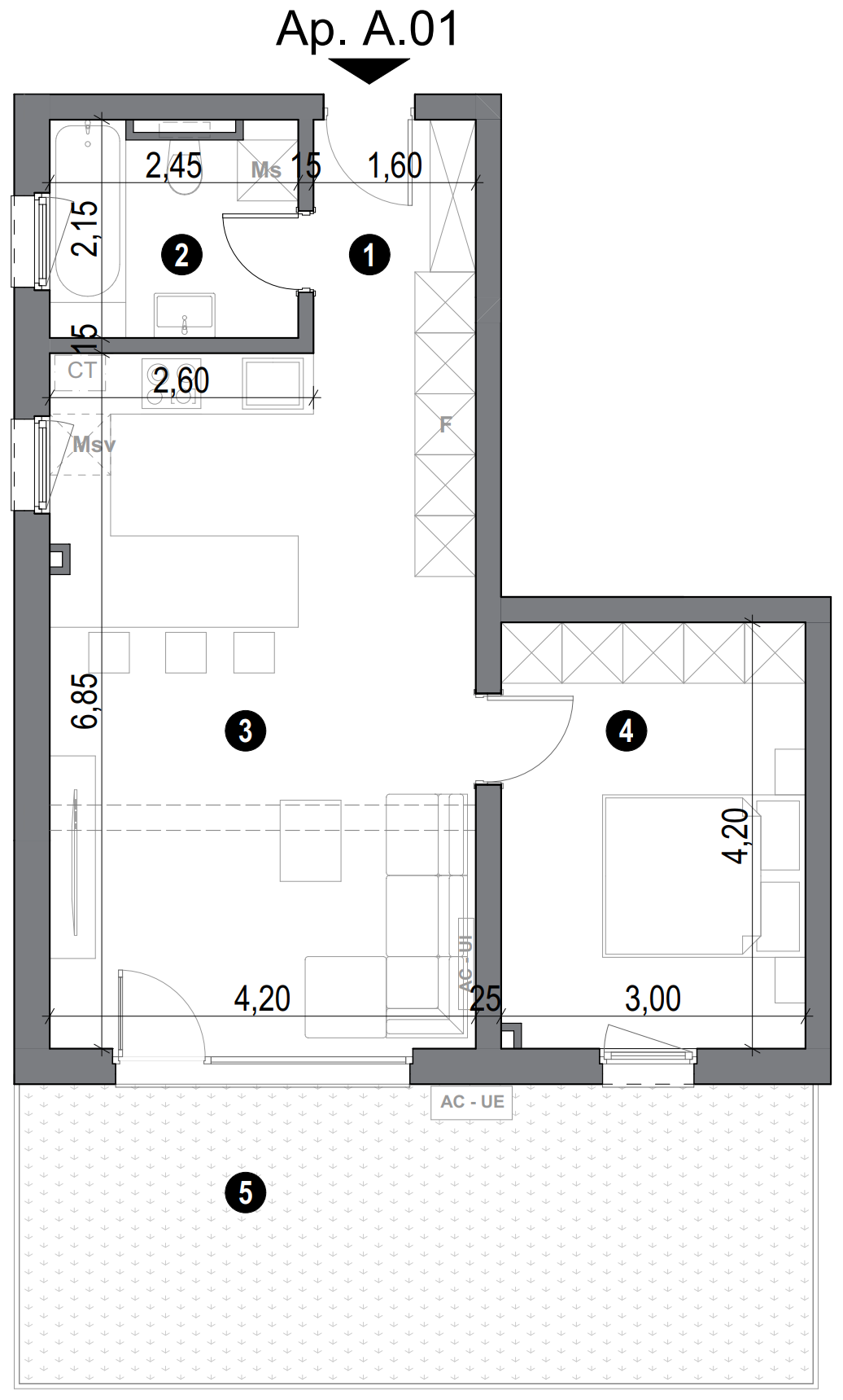 plan apartament 2 camere cu living open space, baie și dormitor matrimonial