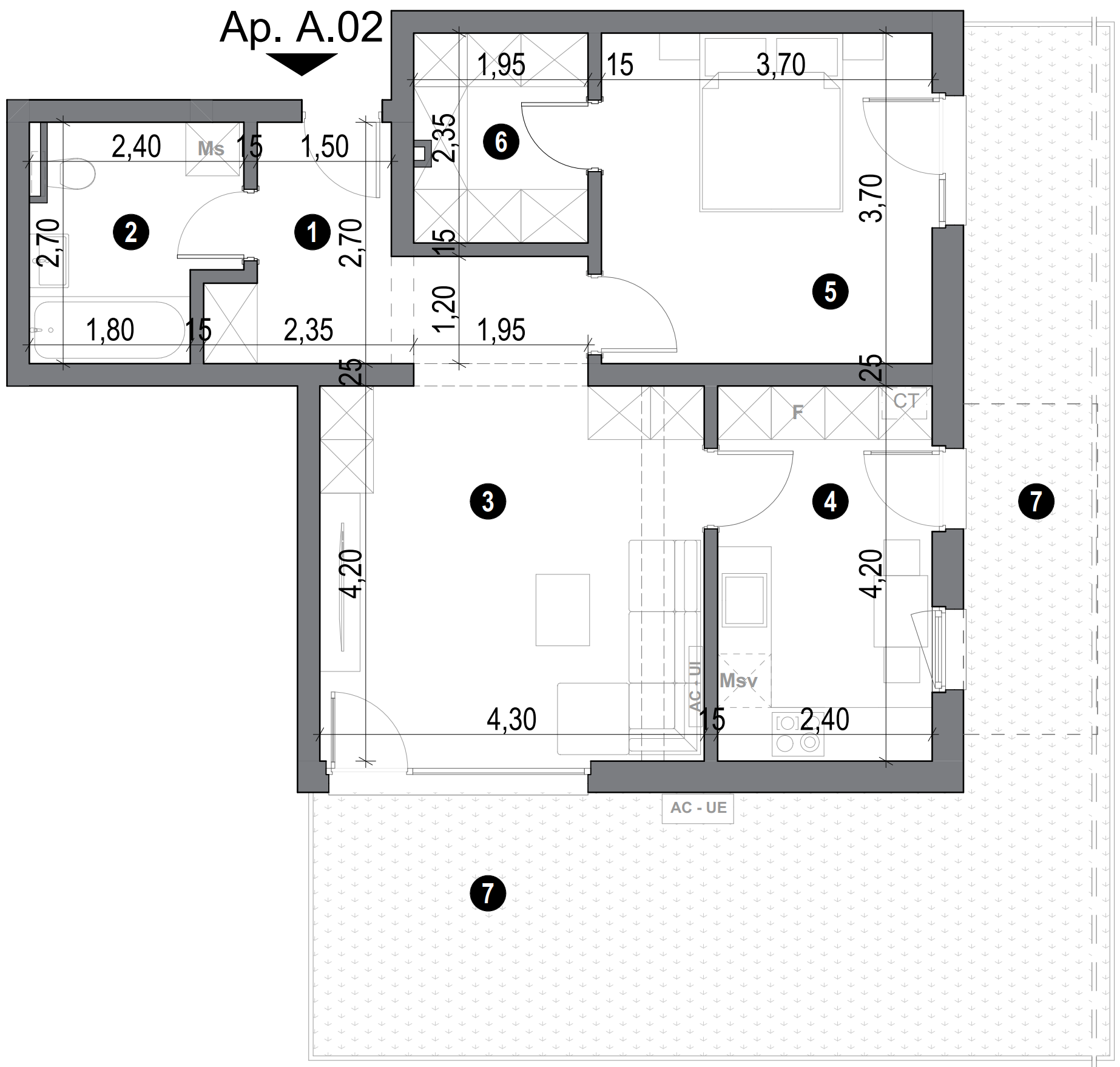 plan apartament cu două camere cu bucătărie separată și baie