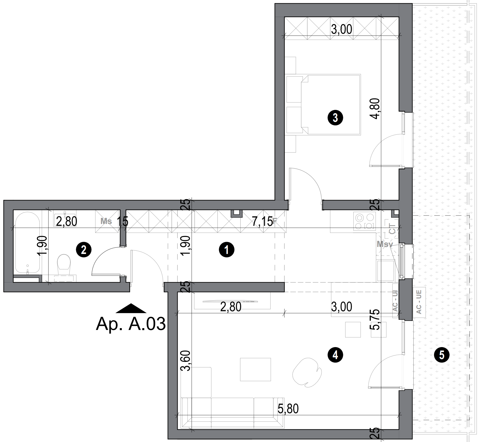plan apartament cu două camere cu bucătărie și baie