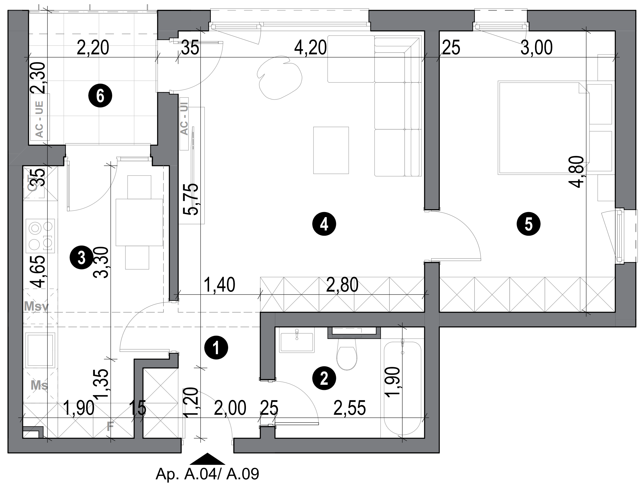 plan apartament cu două camere cu bucătărie separată și baie