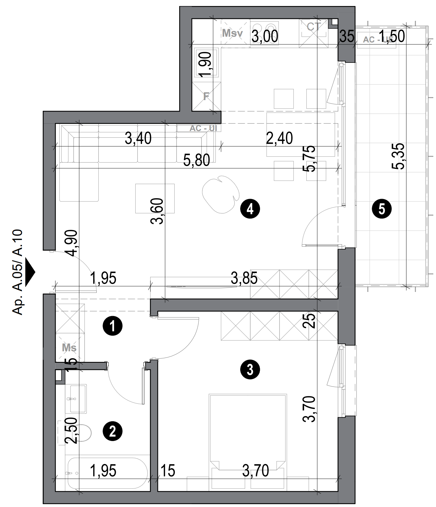 plan apartament cu două camere cu bucătărie open space și baie