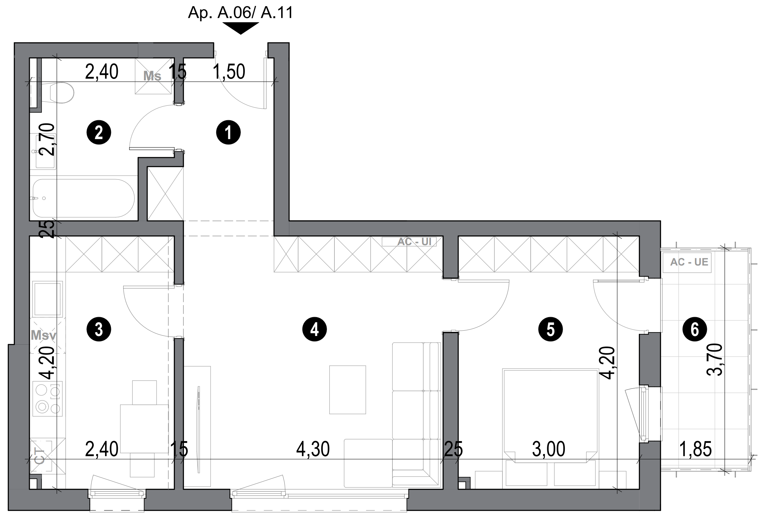 plan apartament cu două camere cu bucătărie separată și baie