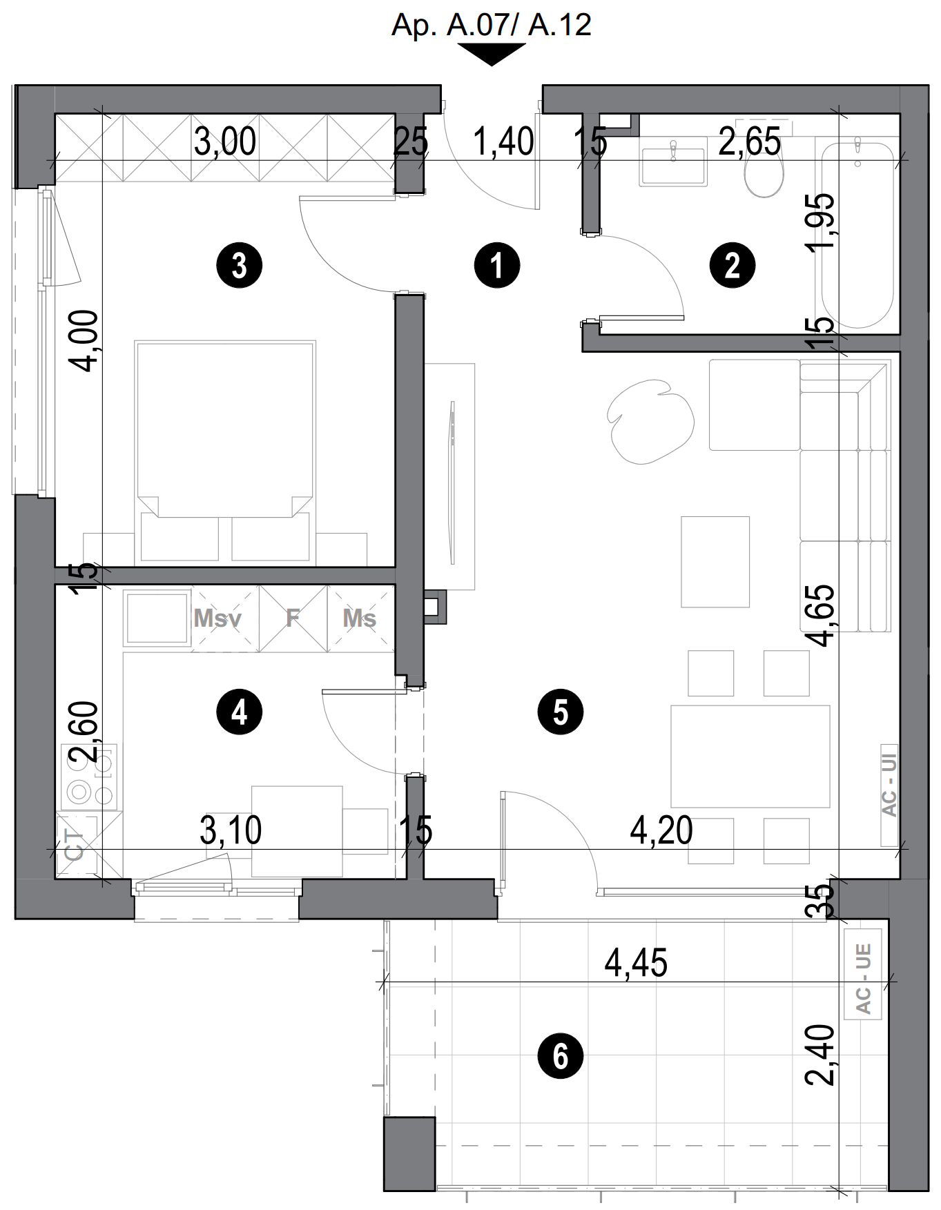 plan apartament cu două camere cu bucătărie separată și baie
