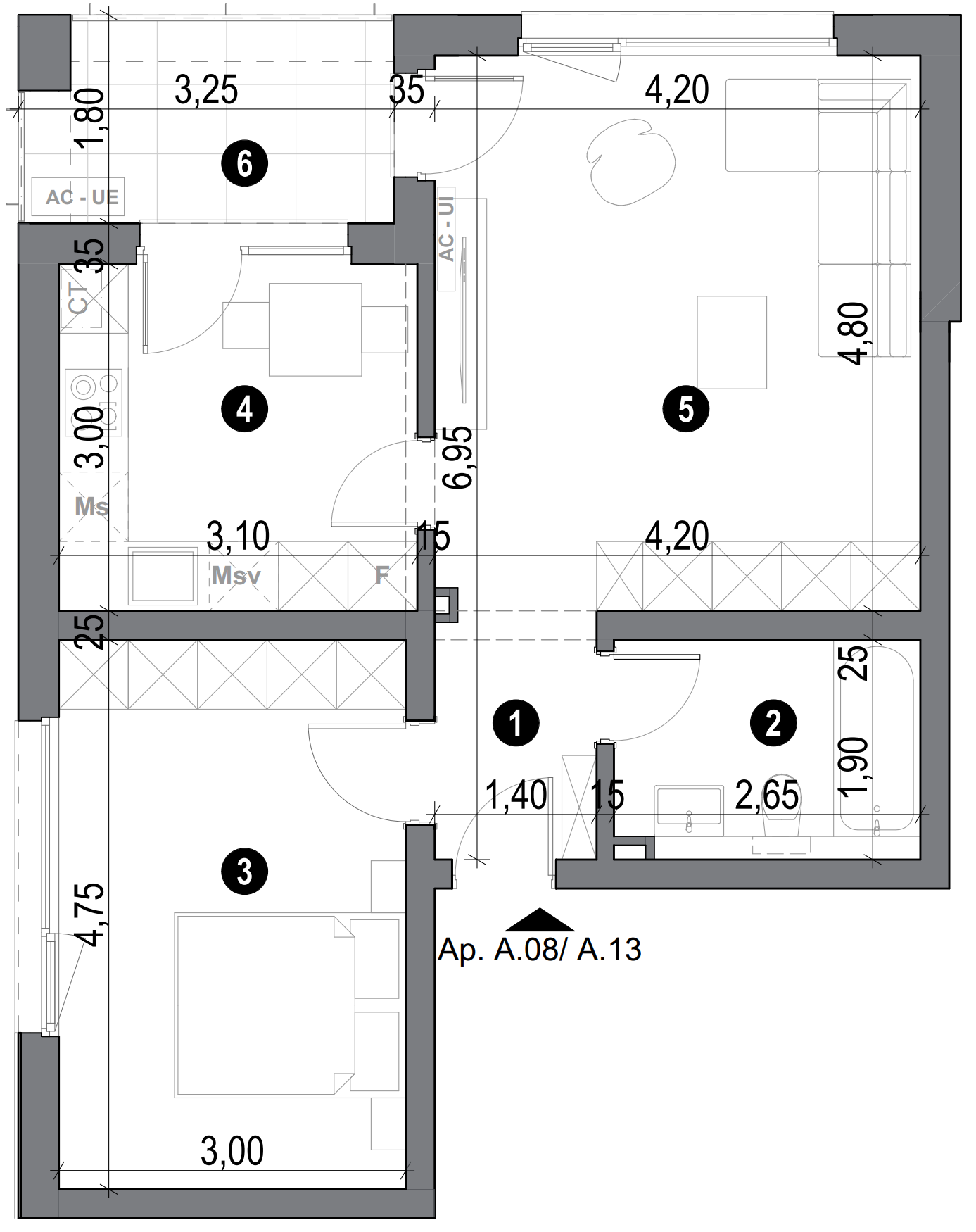 plan apartament cu două camere cu bucătărie separată și balcon