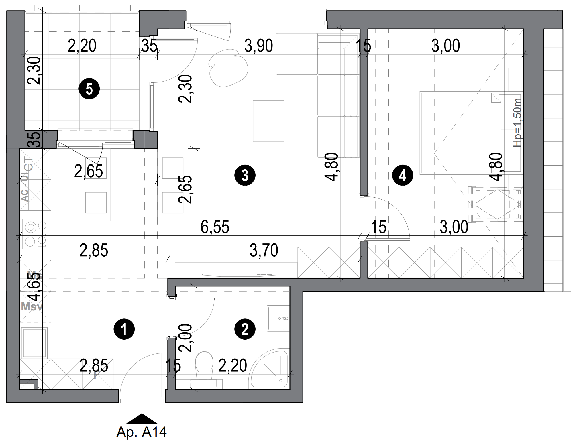 plan apartament cu două camere cu bucătărie open space și balcon