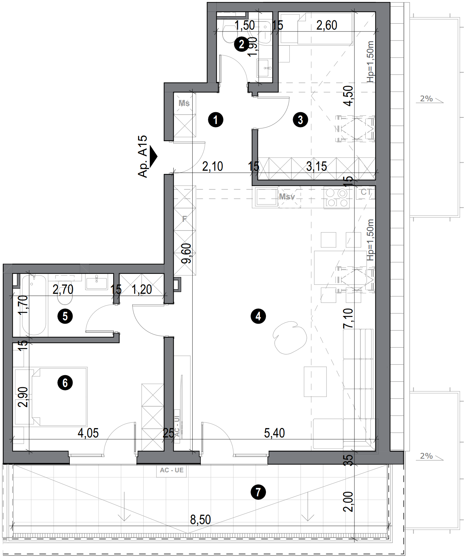plan apartament cu două camere cu bucătărie open space și balcon foarte mare