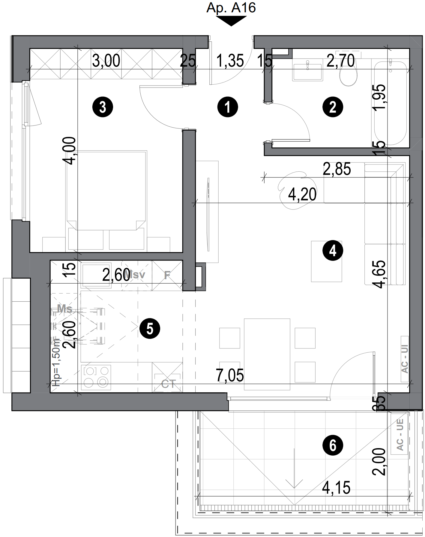 plan apartament cu doua camere cu bucatarie open space si balcon