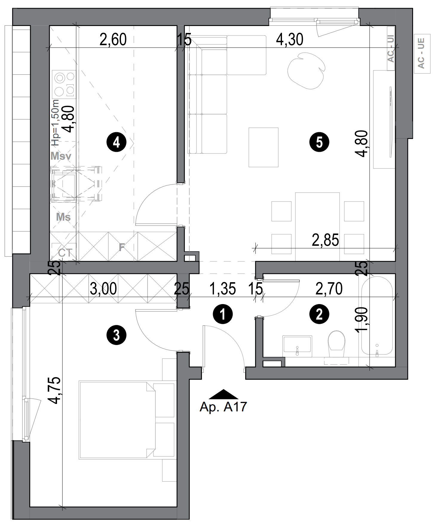 plan apartament cu doua camere cu bucatarie inchisa