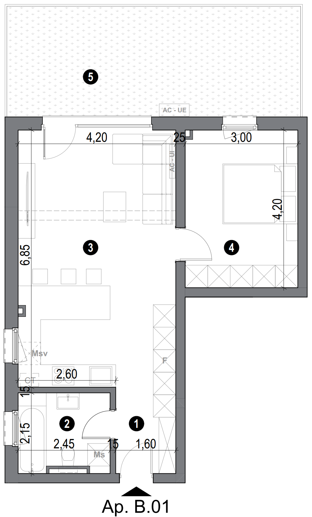 plan apartament două camere cu bucătărie open space și baie