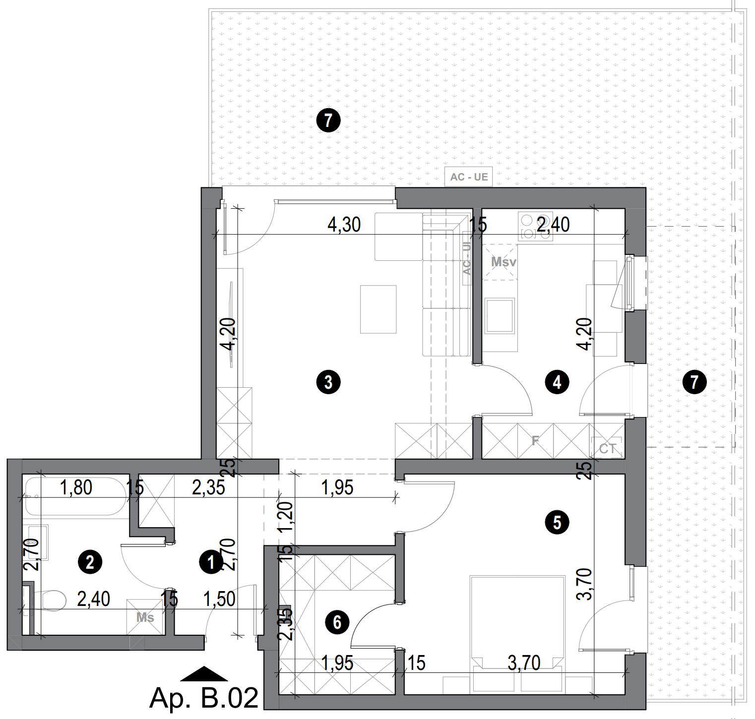 plan apartament cu două camere cu bucătărie și baie