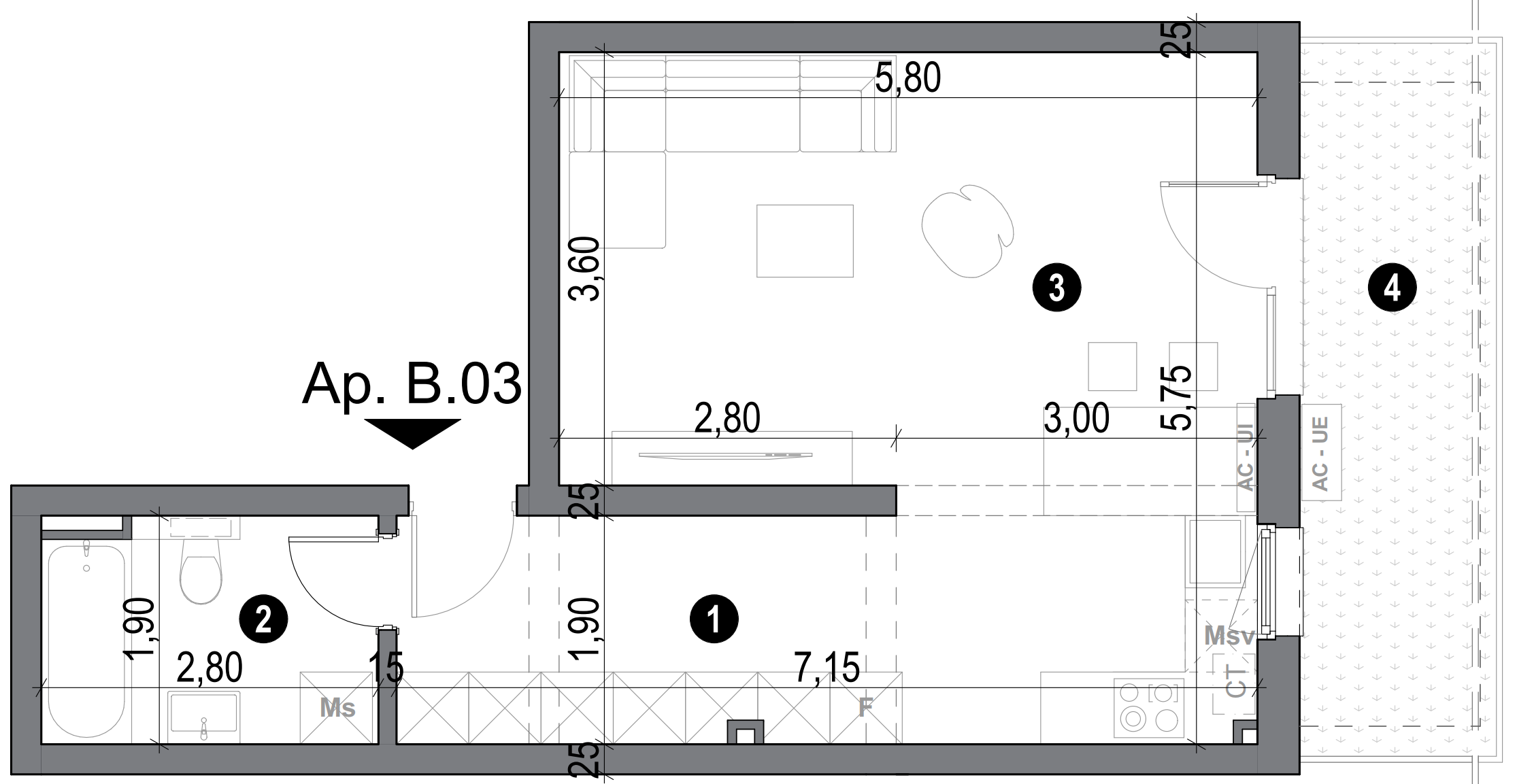 plan garsonieră cu baie separată și zonă de living
