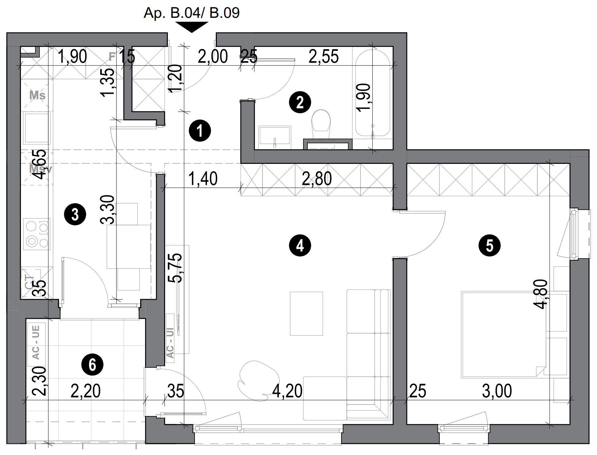 plan apartament cu două camere cu bucătărie separată și baie