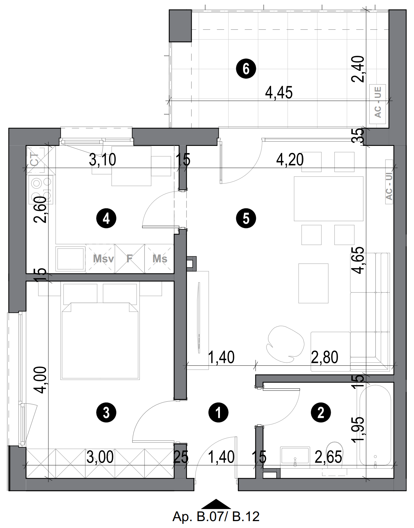 plan apartament cu două camere cu bucătărie open space și baie