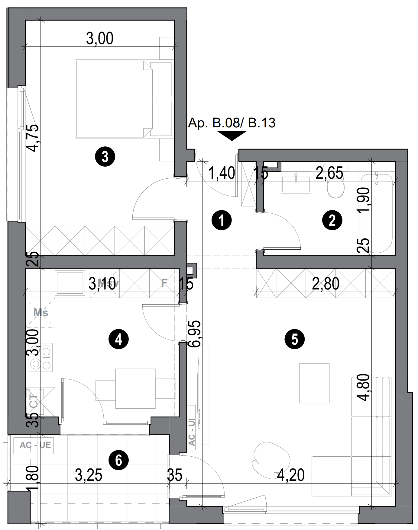 plan apartament cu două camere cu bucătărie separată și baie
