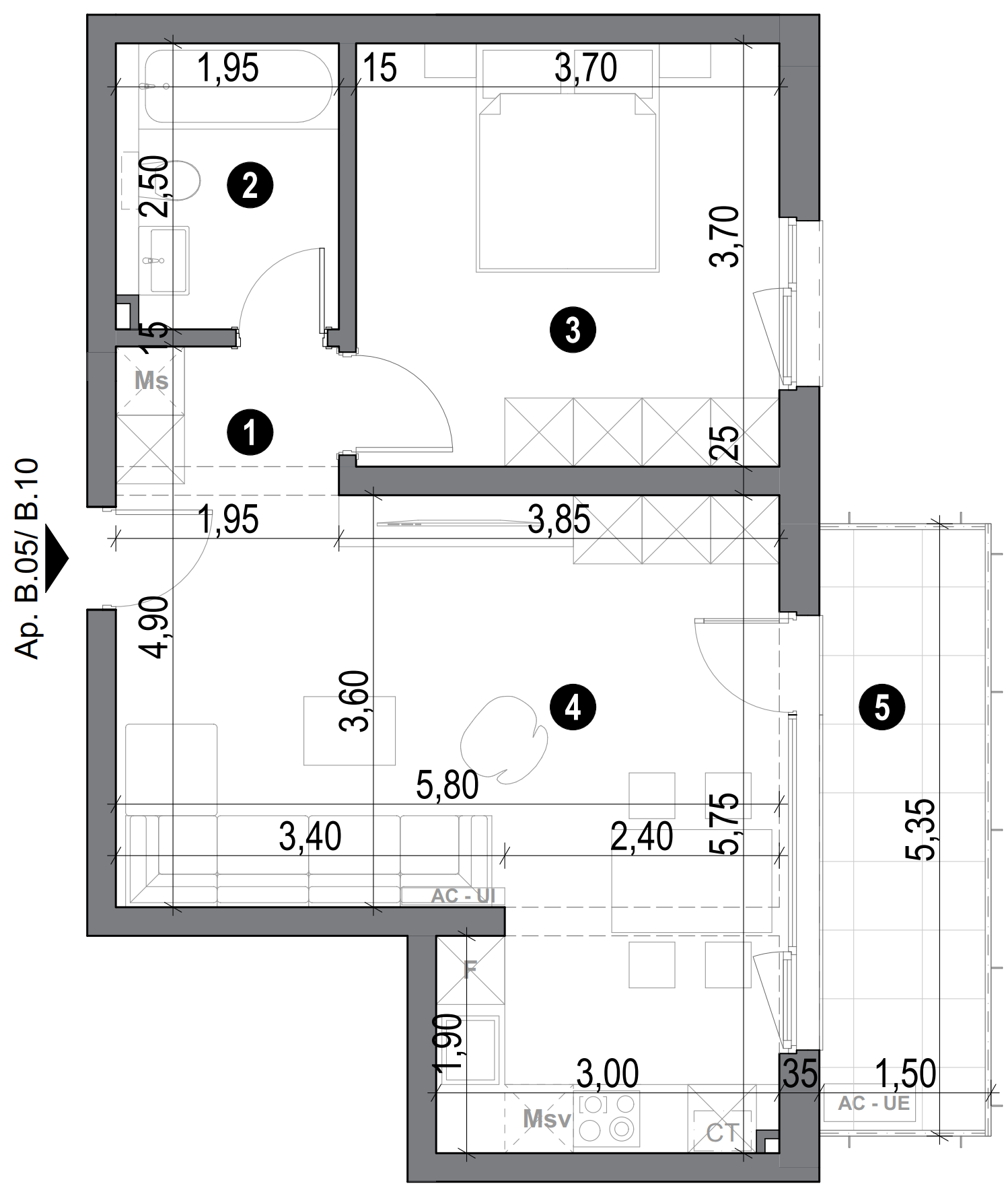 plan apartament cu două camere cu bucătărie open space și baie