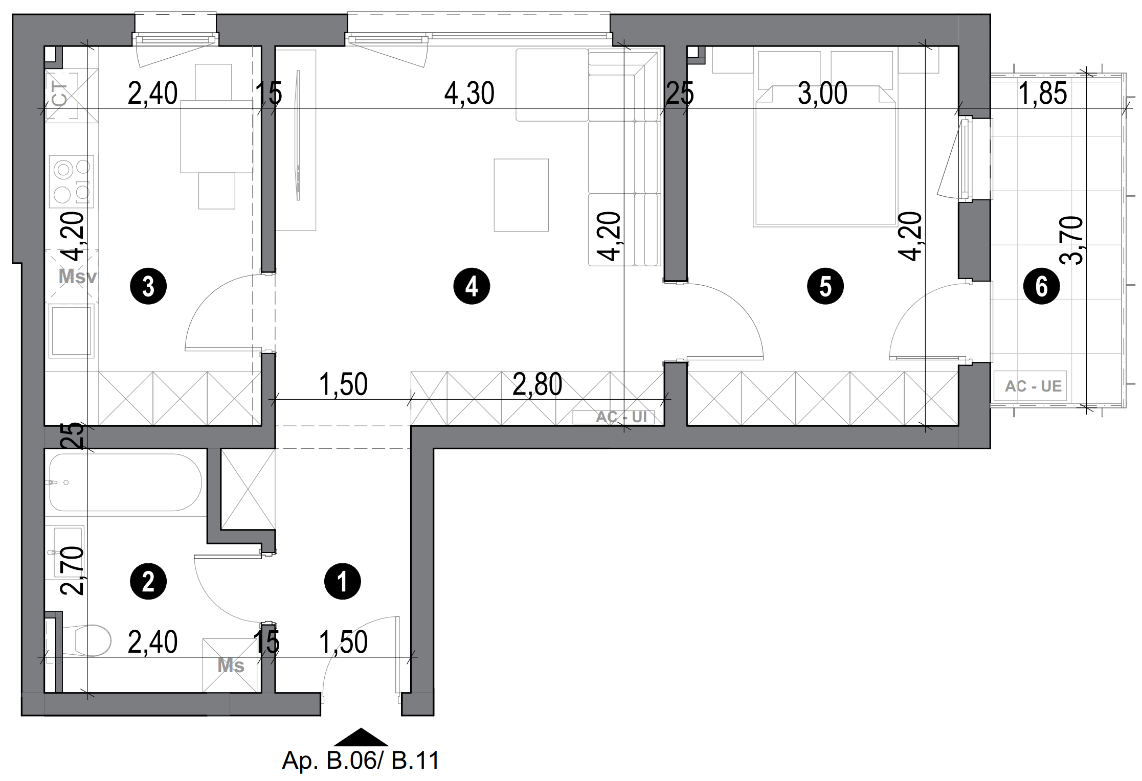 plan apartament cu două camere cu bucătărie separată și baie
