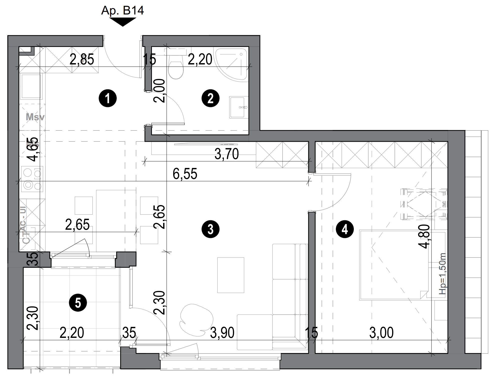 plan apartament cu două camere cu living open space și balcon
