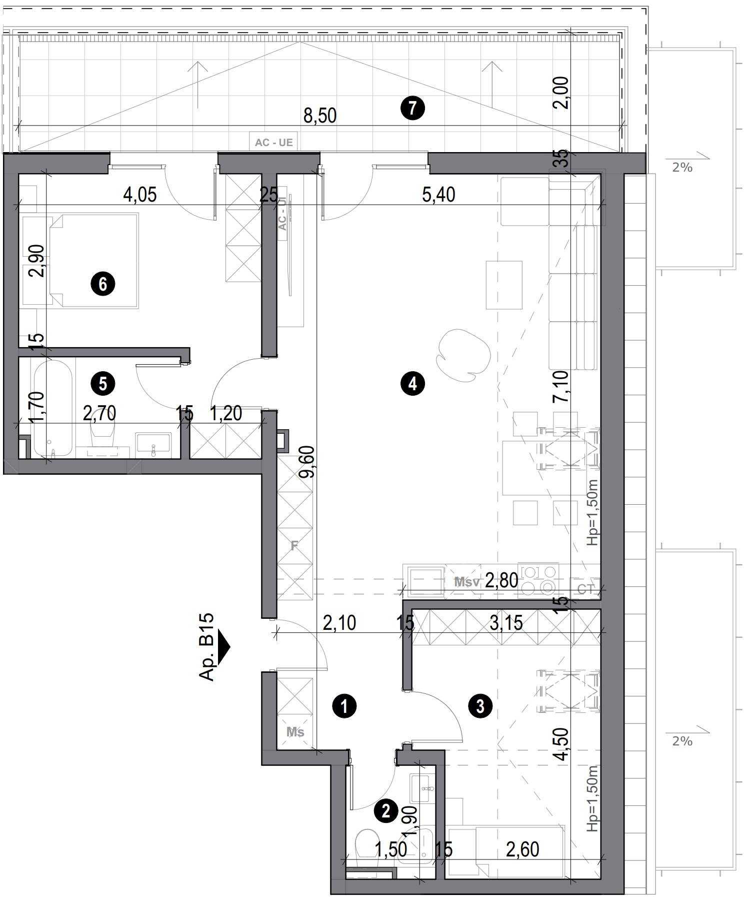 plan apartament cu trei camere cu două dormitoare și balcon lateral