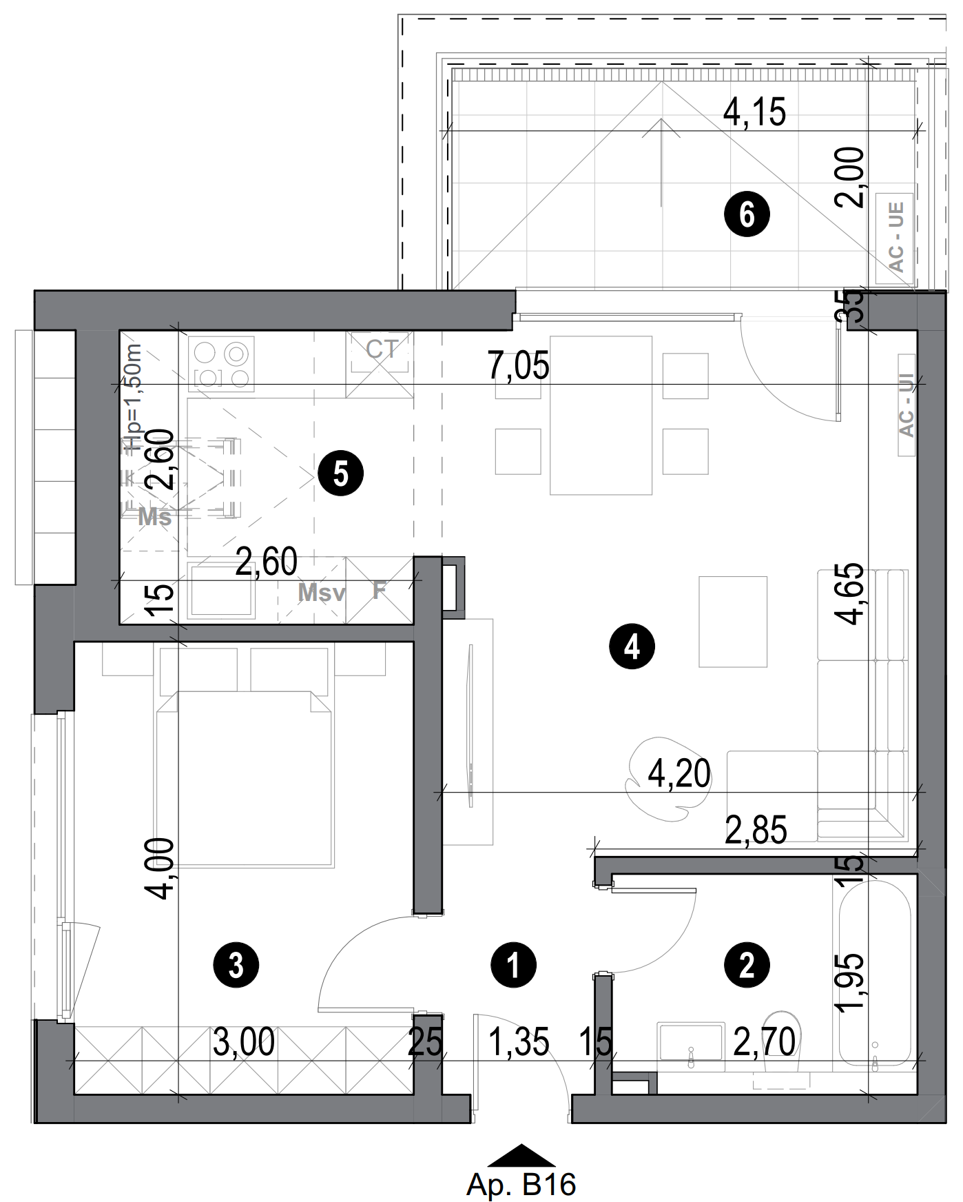 plan apartament cu doua camere cu bucatarie open space si balcon mare