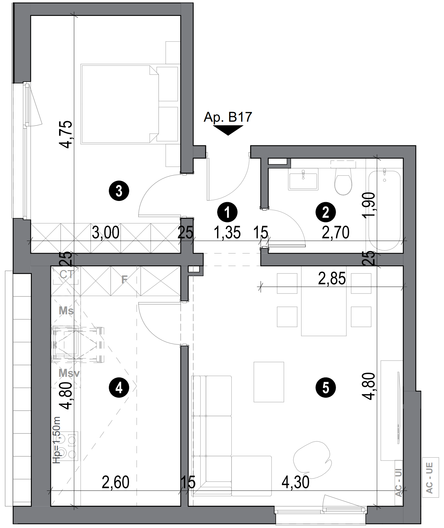plan apartament cu doua camere cu bucatarie inchisa