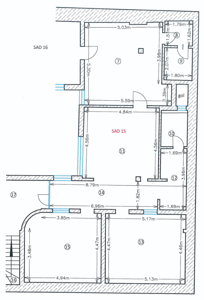 Plan compartimentare SAD 15 mansardă spațiu birouri 124,7 mp