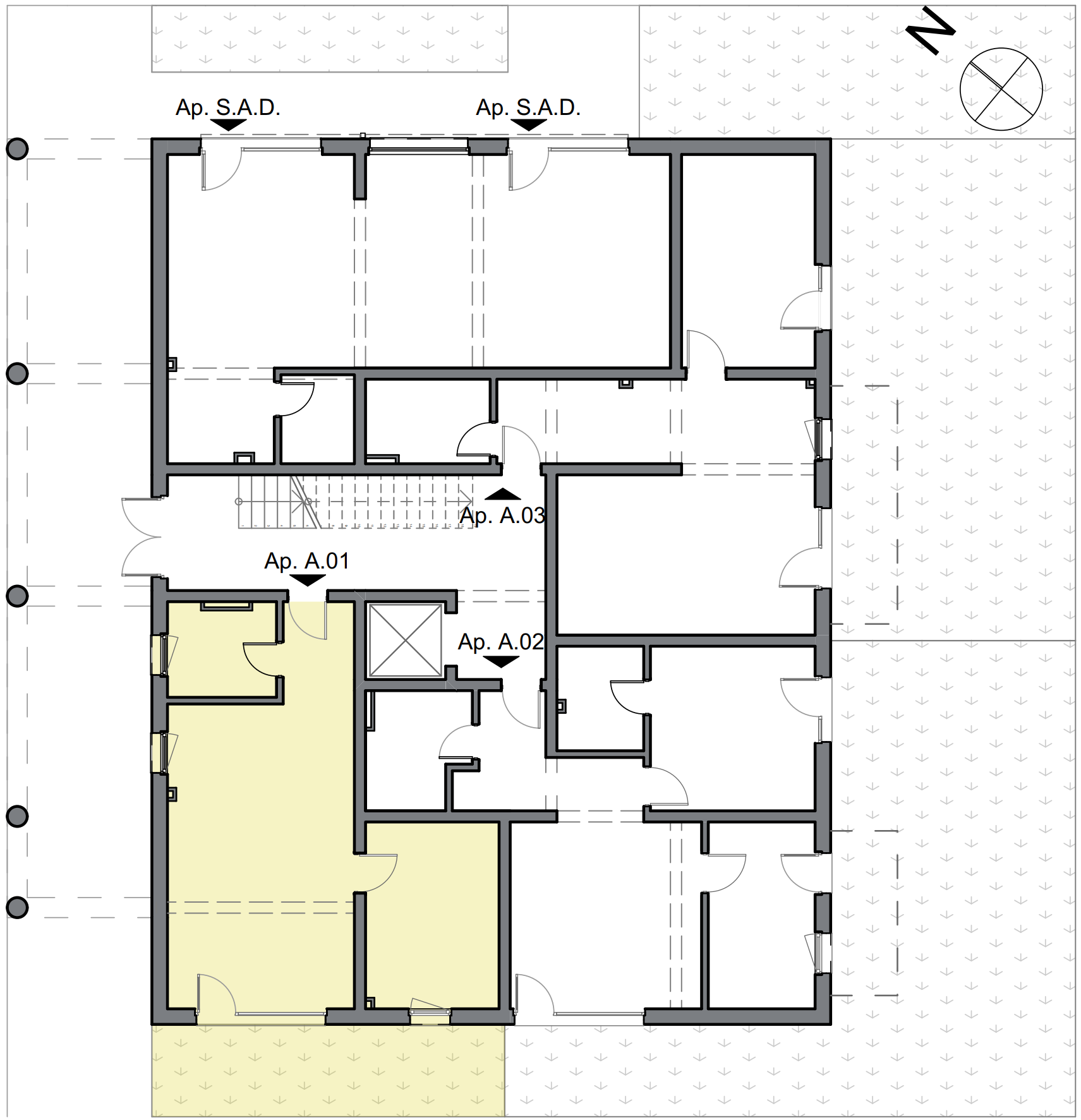 schiță apartament 2 camere cu terasă și grădină privată, compartimentare eficientă