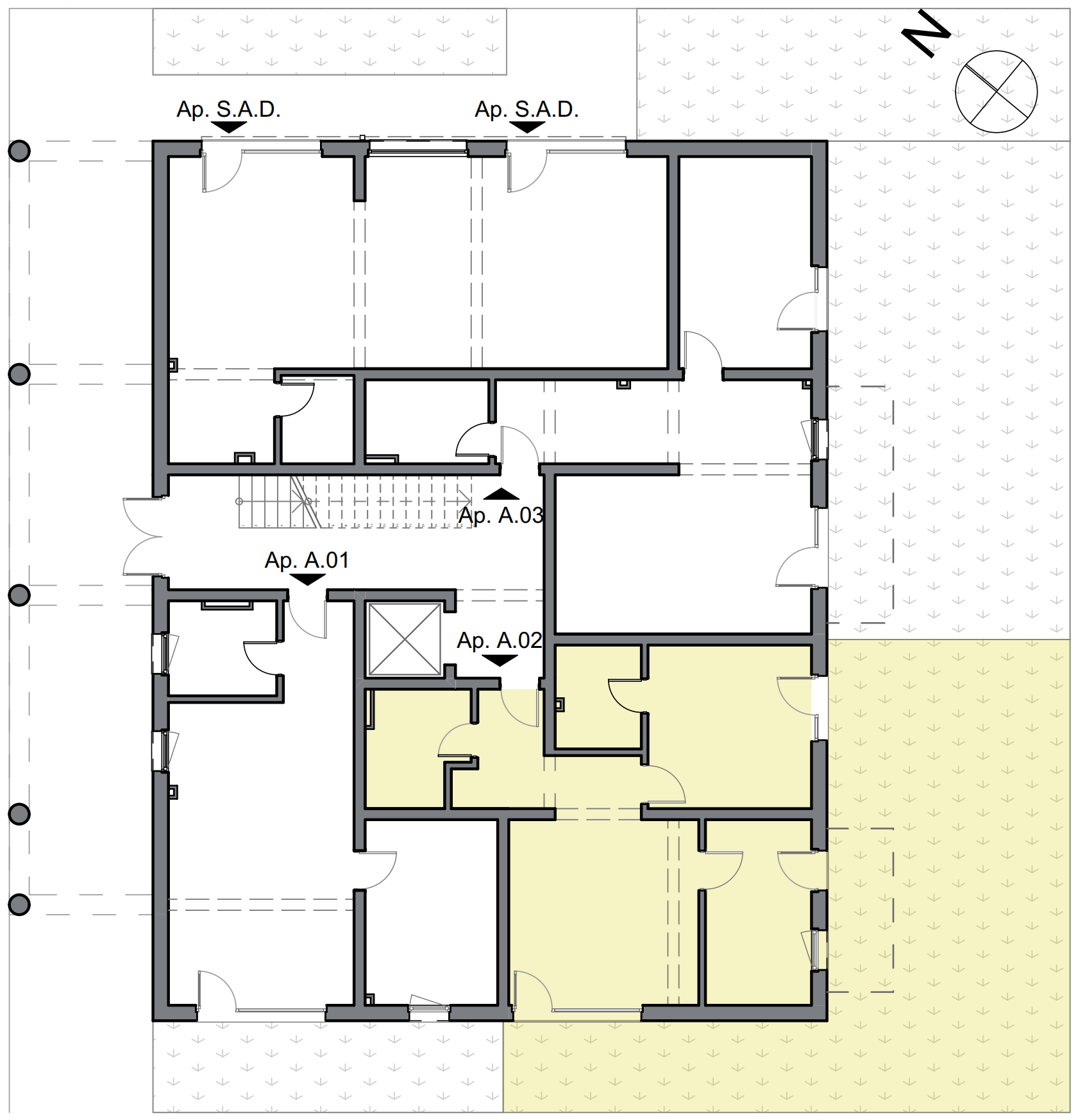 schiță apartament cu două camere cu dormitor matrimonial și grădină privată