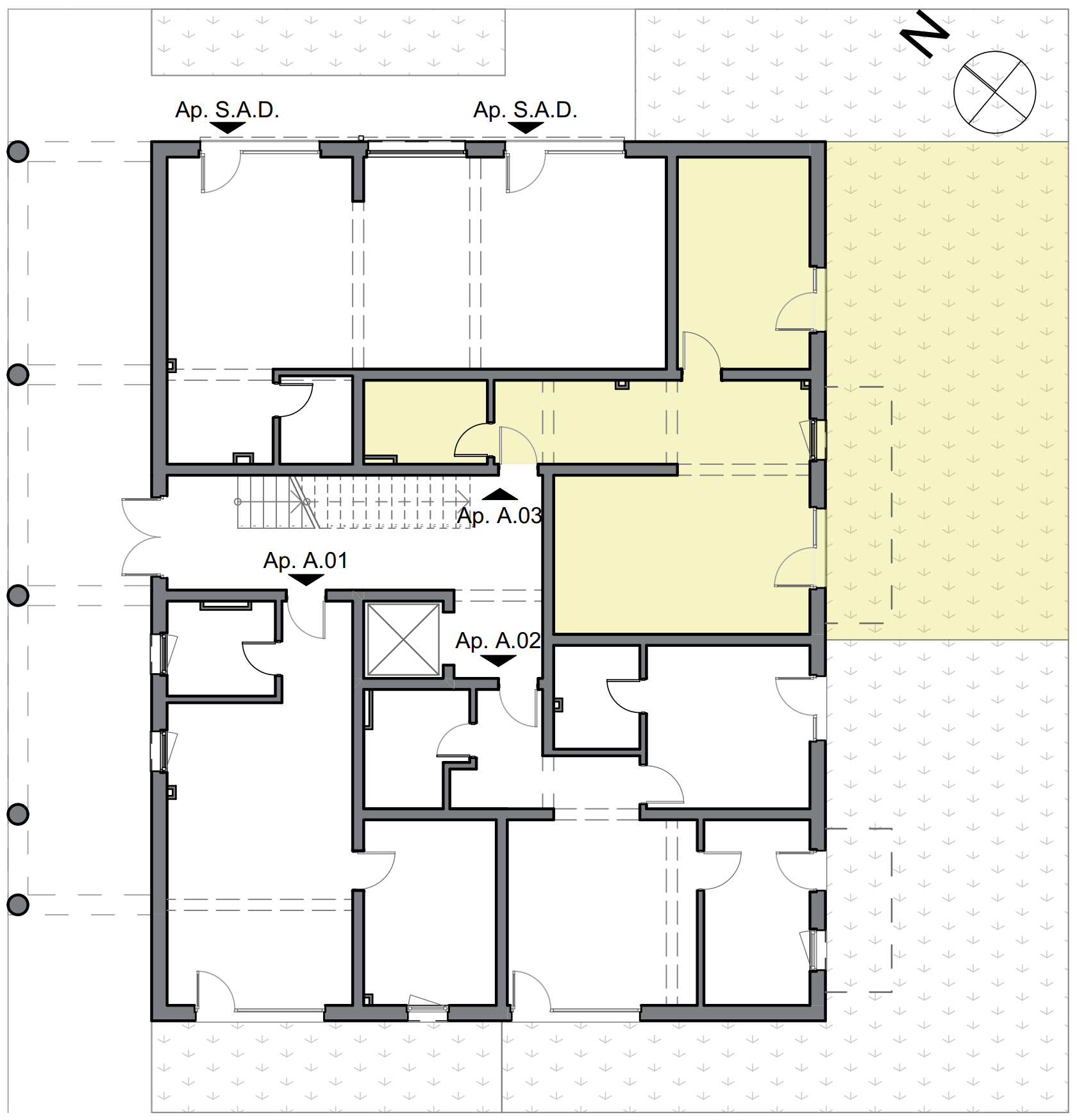 schiță apartament cu două camere cu dormitor și grădină privată mare