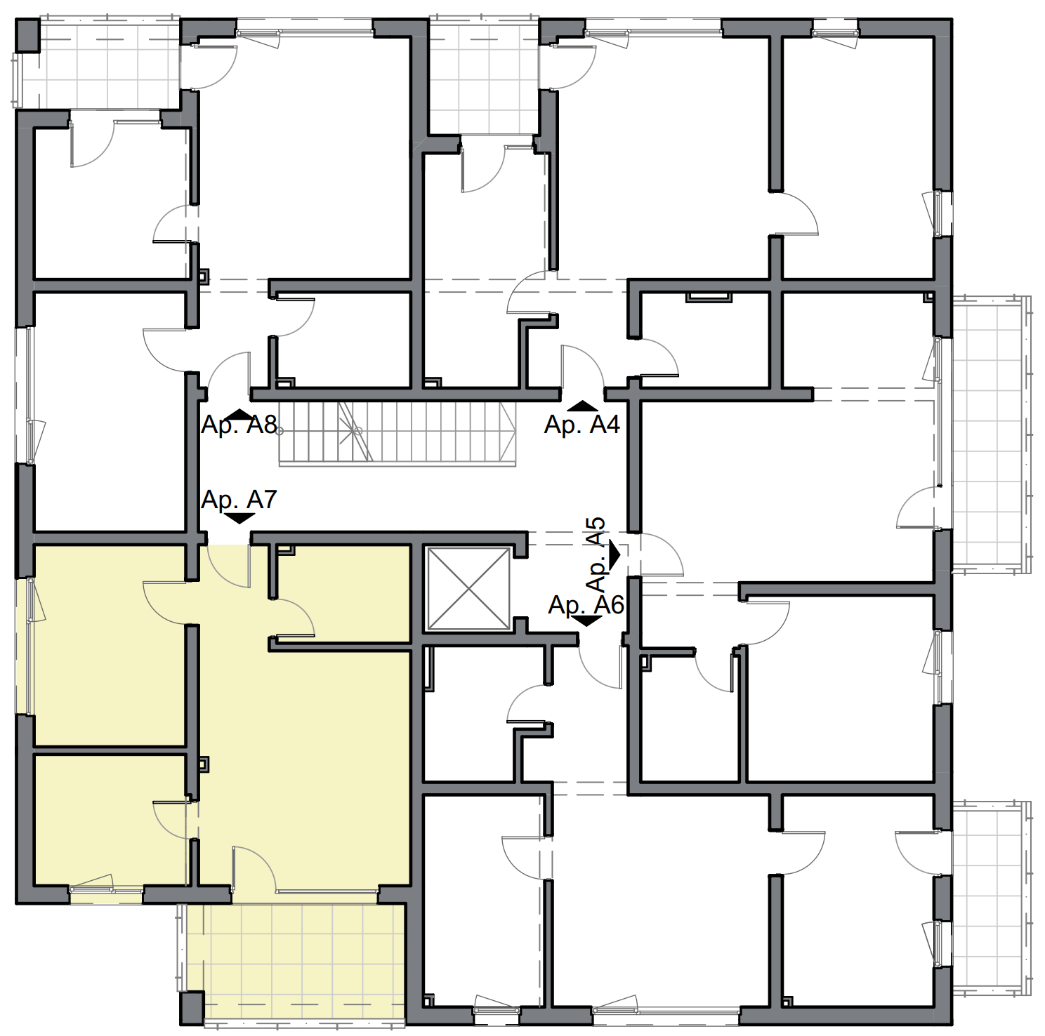 schiță apartament cu două camere cu dormitor matrimonial și balcon mare