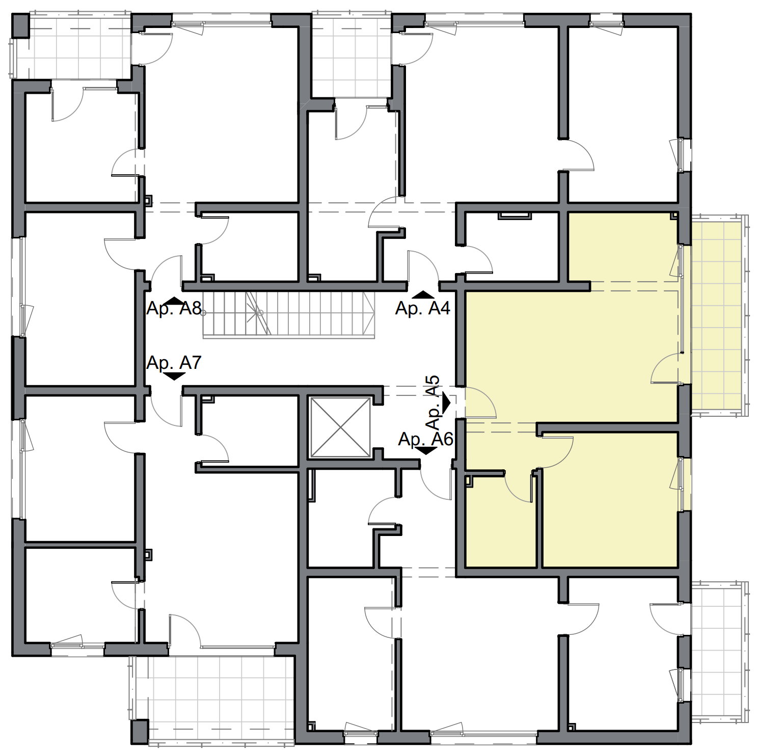 schiță apartament cu două camere cu dormitor matrimonial și balcon mare