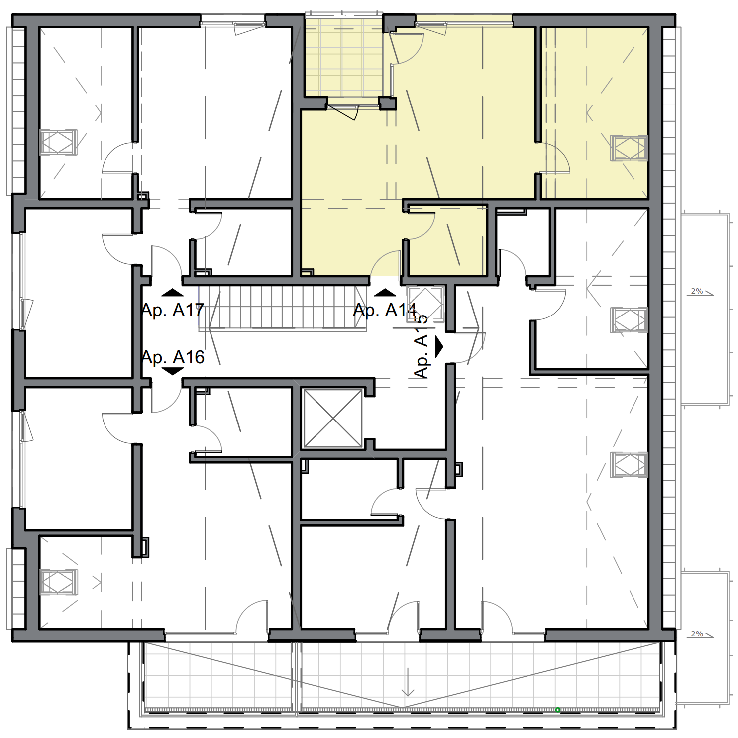 schiță apartament cu două camere cu dormitor matrimonial și living open space
