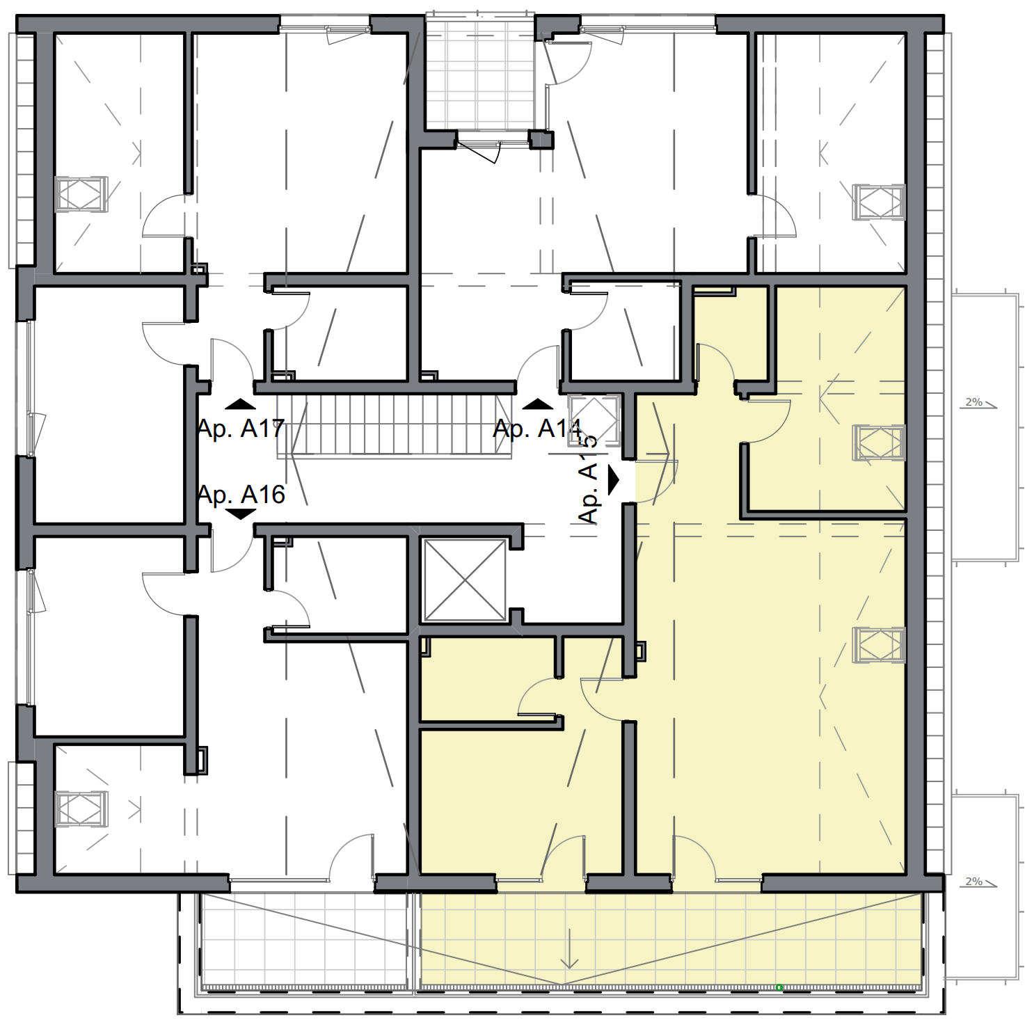 schiță apartament cu două camere cu living spațios și balcon lung
