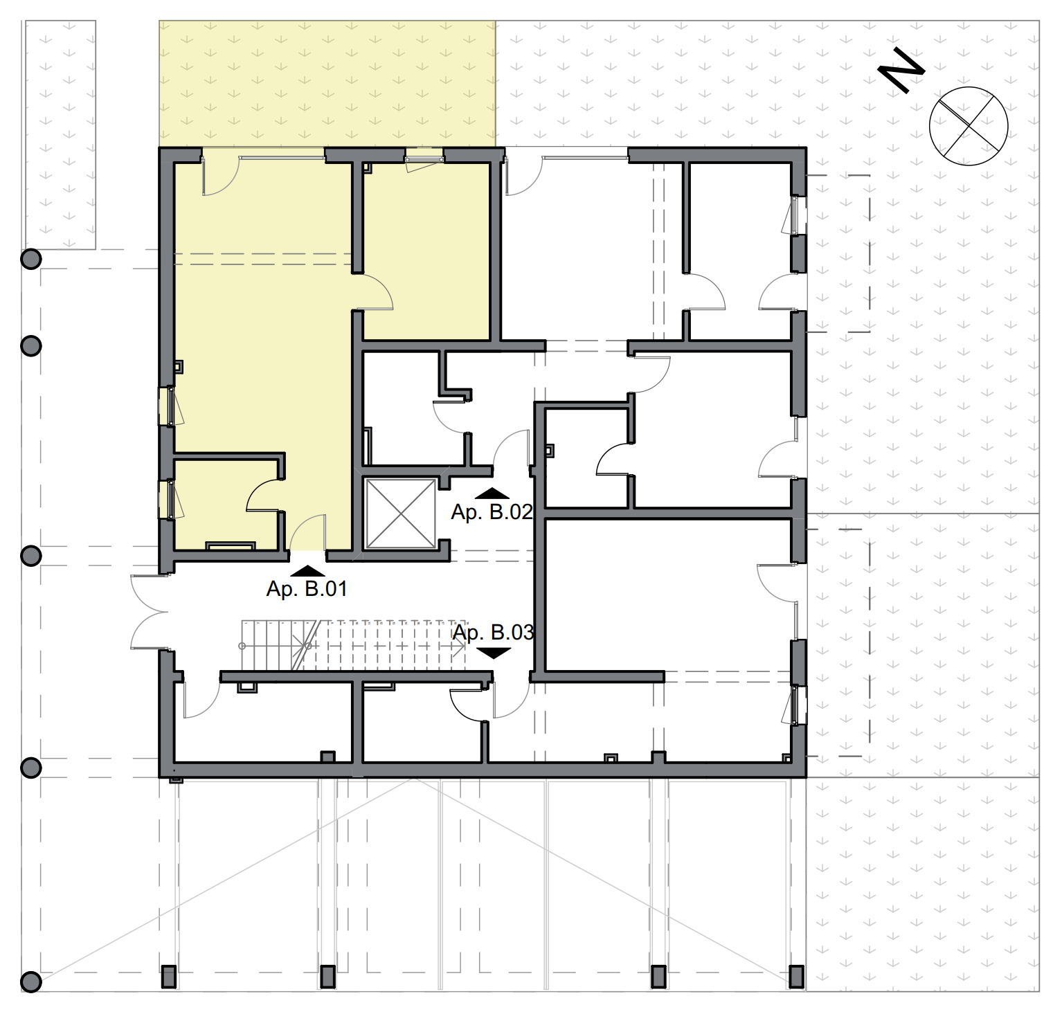 schiță apartament două camere cu dormitor matrimonial și terasă cu grădină