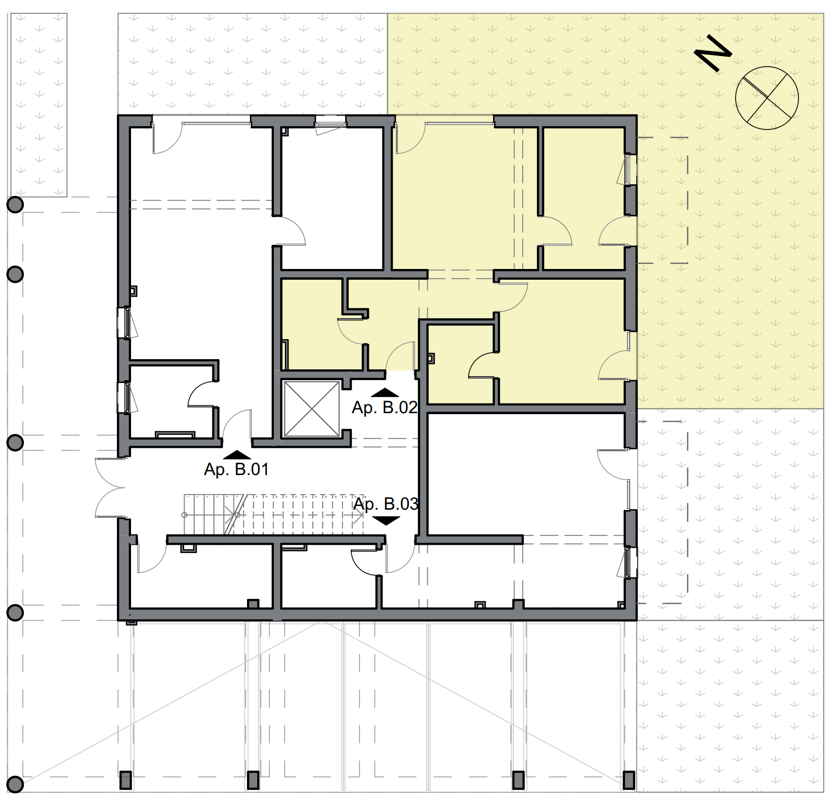 schiță apartament cu două camere cu dormitor matrimonial și grădină mare