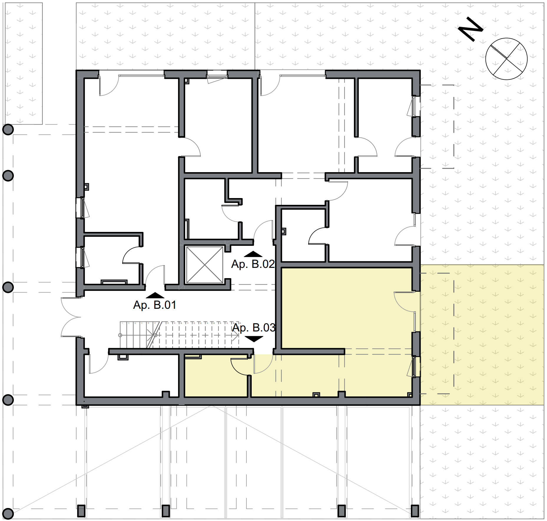 schiță garsonieră cu grădină privată și compartimentare eficientă