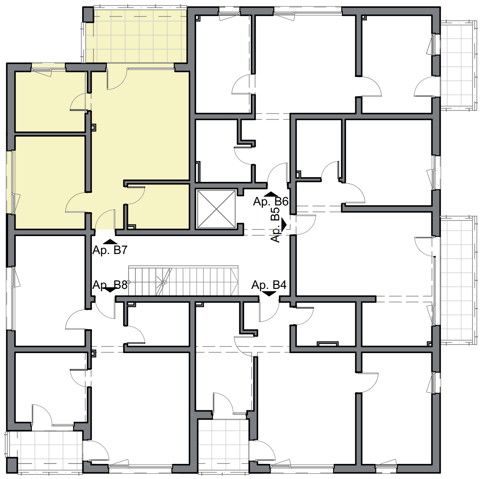 schiță apartament cu două camere cu dormitor matrimonial și terasă mare