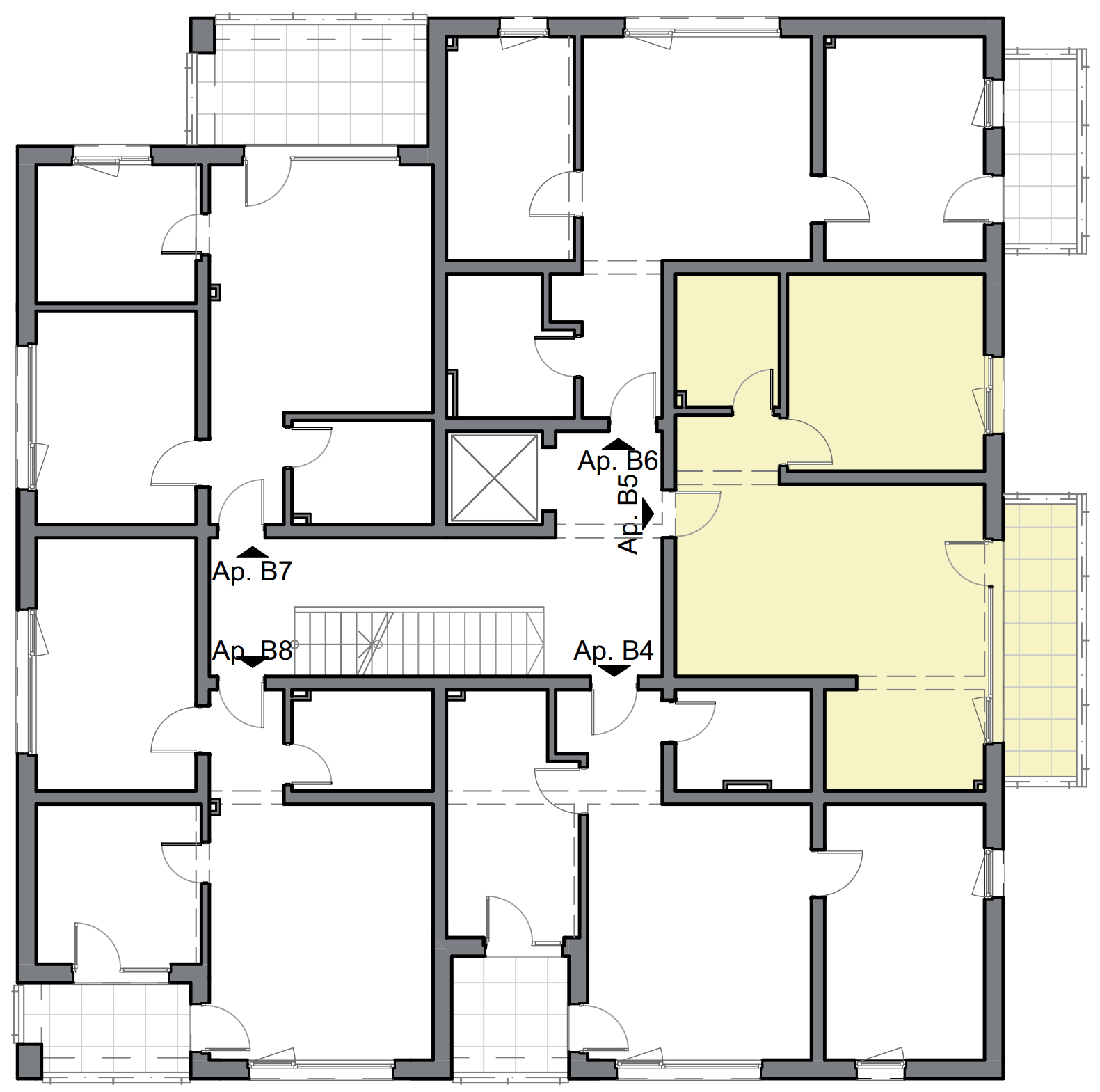 schiță apartament cu două camere cu dormitor matrimonial și balcon mare
