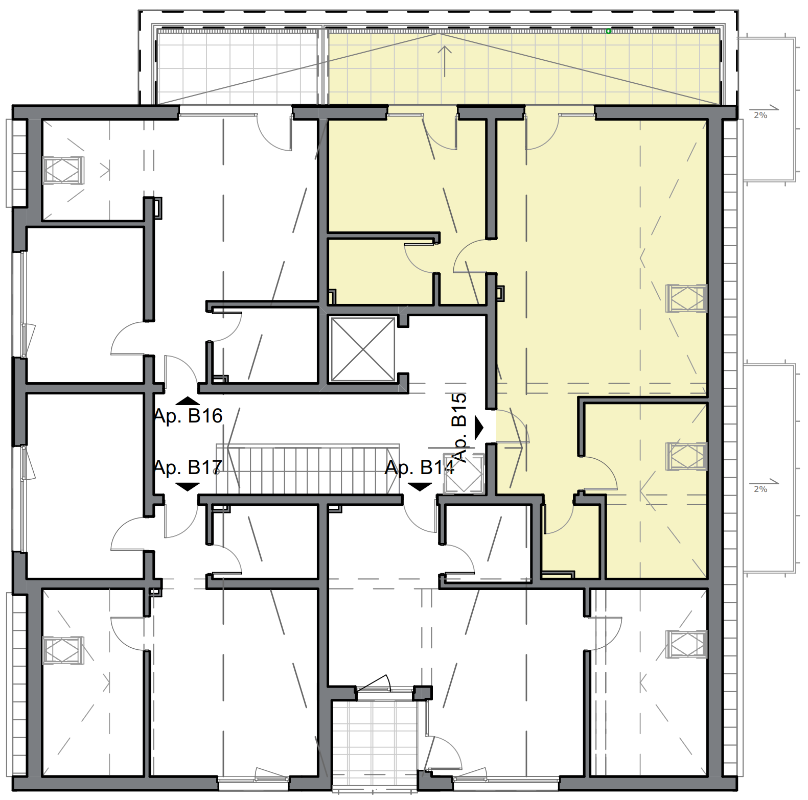 schiță apartament cu trei camere cu living open space și balcon pe stânga