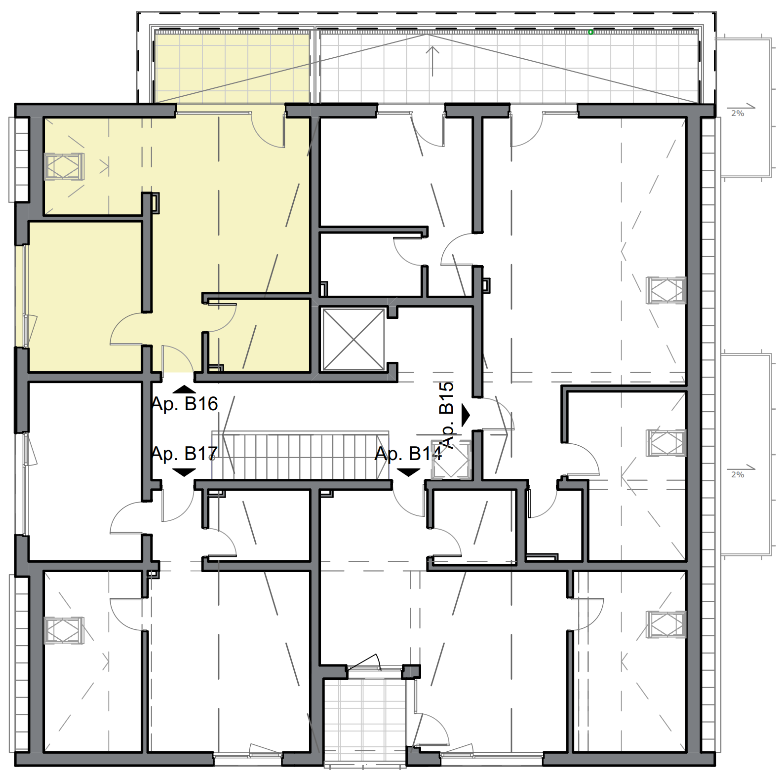 schita apartament cu doua camere cu dormitor separat si balcon lateral
