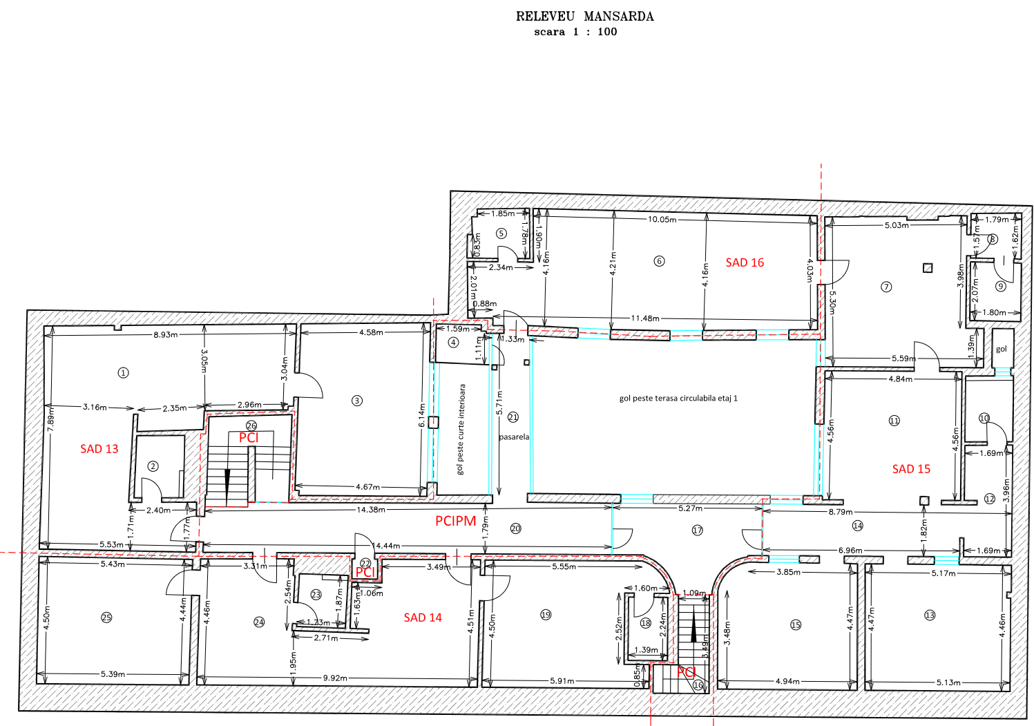 Plan mansardă clădire spații birouri Timișoara SAD 13 14 15 16